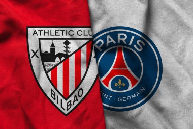 Pringsewu, Lampung; 5 Aralık 2025; Atletizm Kulübü ve PSG futbol kulübü logolarının Şampiyonlar Ligi 'nde dalgalı kumaş dokusuyla kombinasyonu