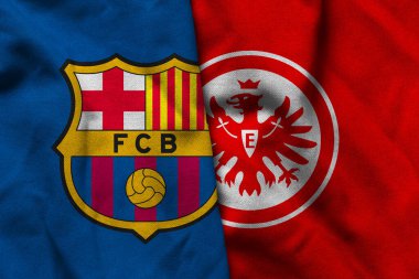 Pringsewu, Lampung; 5 Aralık 2025; Barcelona ve Eintracht Frankfurt futbol kulübü logolarının Şampiyonlar Ligi 'nde dalgalı kumaş dokusuyla kombinasyonu