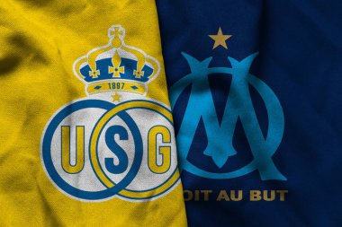 Pringsewu, Lampung; 5 Aralık 2025; Şampiyonlar Ligi 'nde dalgalı kumaş dokusuyla USG ve Marsilya futbol kulübü logolarının kombinasyonu