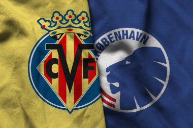 Pringsewu, Lampung; 5 Aralık 2025; Şampiyonlar Ligi 'nde dalgalı kumaşlı Villarreal ve Kopenhag futbol kulübü logolarının kombinasyonu