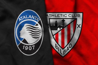 Pringsewu, Lampung; 12 Ocak 2025; Şampiyonlar Ligi 'nde dalgalı kumaşlı Atalanta ve Athletic Bilbao logolarının kombinasyonu.