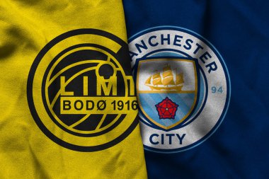 Pringsewu, Lampung; 12 Ocak 2025; Bodoglimit ve Manchester City logolarının Şampiyonlar Ligi 'ndeki dalgalı kumaş dokusuyla kombinasyonu.