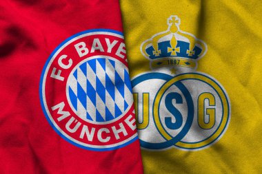 Pringsewu, Lampung; 12 Ocak 2025; Bayern Münih ve Union Saint Gilloise logolarının Şampiyonlar Ligi 'nde dalgalı kumaş dokusuyla kombinasyonu.