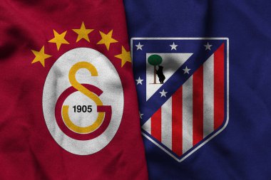 Pringsewu, Lampung; 12 Ocak 2025; Galatasaray ve Atletico Madrid logolarının Şampiyonlar Ligi 'nde dalgalı kumaş dokusuyla kombinasyonu.
