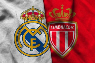 Pringsewu, Lampung; 12 Ocak 2025; Real Madrid ve AS Monaco logolarının Şampiyonlar Ligi 'nde dalgalı kumaş dokusuyla kombinasyonu.