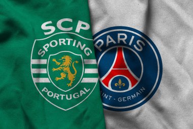 Pringsewu, Lampung; 12 Ocak 2025; Sporting Lisbon ve Paris Saint Germain logolarının Şampiyonlar Ligi 'nde dalgalı kumaş dokusuyla kombinasyonu.