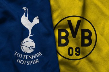 Pringsewu, Lampung; 12 Ocak 2025; Tottenham Hotspur ve Borussia Dortmund logolarının Şampiyonlar Ligi 'nde dalgalı kumaş dokusuyla kombinasyonu.