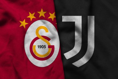 Pringsewu, Lampung; 5 Şubat 2026; Şampiyonlar Ligi 'nde dalgalı kumaş dokusuyla Galatasaray ve Juventus logolarının kombinasyonu.