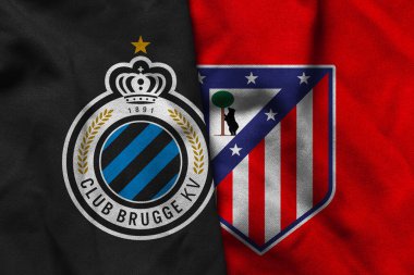 Pringsewu, Lampung; 5 Şubat 2026; Şampiyonlar Ligi 'nde dalgalı kumaş dokusuyla Club Brugge ve Atletico Madrid logolarının kombinasyonu.