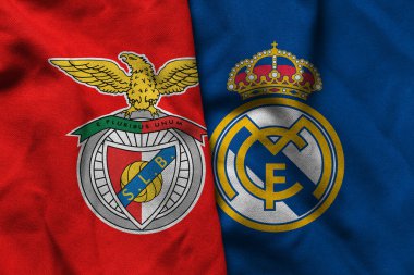 Pringsewu, Lampung; 5 Şubat 2025; Şampiyonlar Ligi 'nde dalgalı kumaş dokusuyla Benfica ve Real Madrid logolarının kombinasyonu.