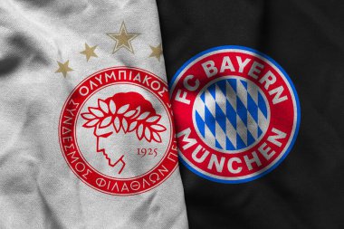 Pringsewu, Lampung; 5 Şubat 2026; Şampiyonlar Ligi 'nde dalgalı kumaş dokusuyla Olympiakos ve Bayern Münih logolarının kombinasyonu.