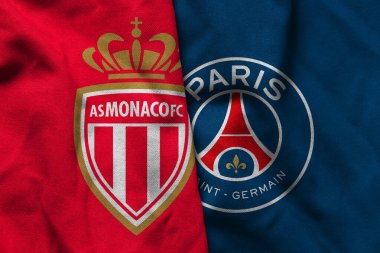 Pringsewu, Lampung; 5 Şubat 2026; Şampiyonlar Ligi 'nde dalgalı kumaş dokusuyla As Monaco ve PSG logolarının kombinasyonu.