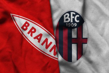 Pringsewu, Lampung; 5 Şubat 2026; Brann kulübü ve Bologna logolarının Avrupa Ligi 'ndeki dalgalı kumaş dokusuyla kombinasyonu.