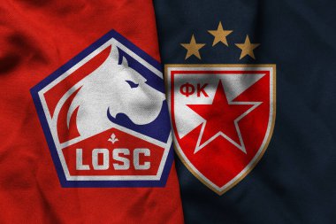 Pringsewu, Lampung; 5 Şubat 2026; LOSC ve Crvena Zvezda logolarının Avrupa Ligi 'nde dalgalı kumaş dokusuyla kombinasyonu.