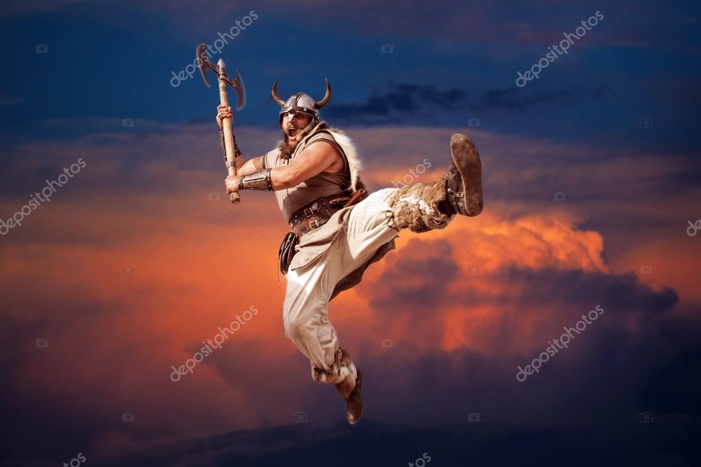 Crazy strong viking attacking from sky, sunset. Stock Photo by ©khosrork 102548854