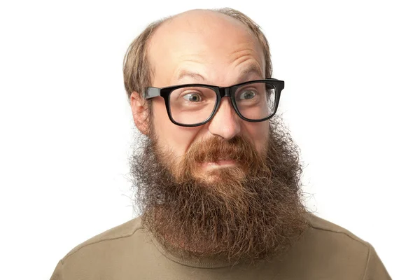 Louco Albert. careca com barba. estúdio tiro, isolado em fundo branco . — Fotografia de Stock