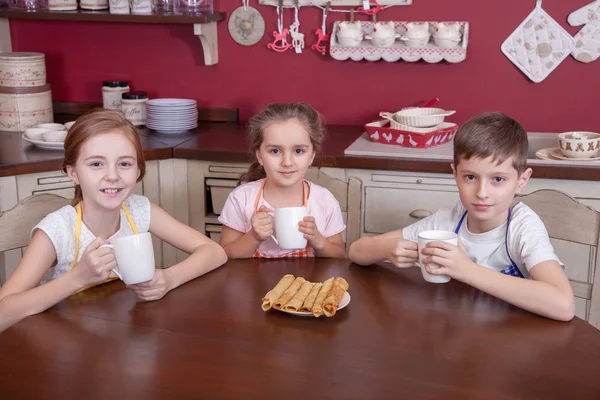 Best little friends resting in kitchen and drinking tea. — Stock Photo, Image