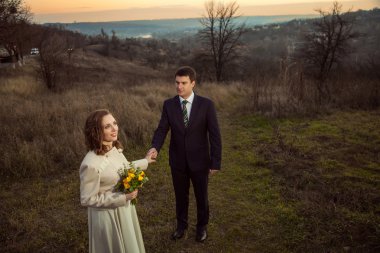 Sonbahar gölde romantik anları zevk genç Düğün çifti.