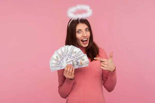 Olha Para Isto Mulher Feliz Excitado Com Cabelo Castanho Halo — Fotografia de Stock