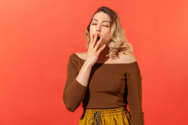 Portrait Sleepy Tired Blonde Woman Brown Blouse Yawning Covering Mouth — Stock Photo, Image