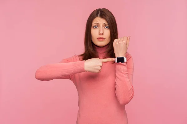 Displeased Impatient Woman Brown Hair Pink Sweater Pointing Finger Her — Stock Photo, Image