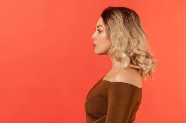 Yandan bakınca, kahverengi bluzlu, sarı saçlı çekici bir kadının portresi, yana bakıyor, sakinliğini, kendine güvenini ve ciddiyetini ifade ediyor. Kırmızı arkaplanda kapalı stüdyo çekimleri