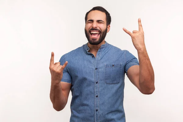 Extreem Opgewonden Tevreden Man Met Baard Blauw Shirt Met Rock — Stockfoto