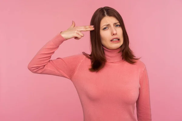 Sad Frustrated Brunette Woman Holding Fingers Head Imitating Gun Looking — Stock Photo, Image