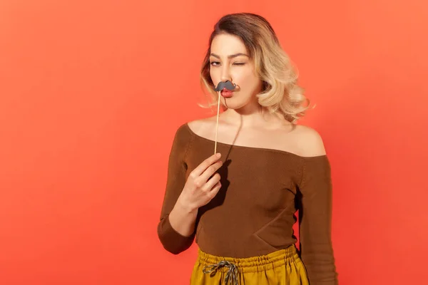 Funny Beautiful Woman Holding Mask Stick Lips Pretending Have Mustache — Stock Photo, Image