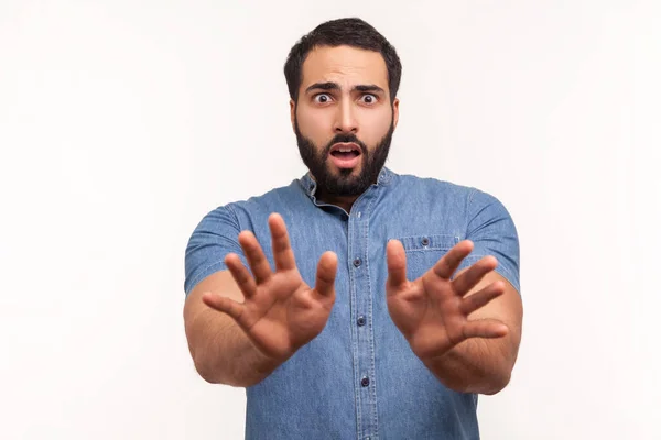 Scared Confused Lonely Man Blue Shirt Stretching His Hands Trying — Stock Photo, Image