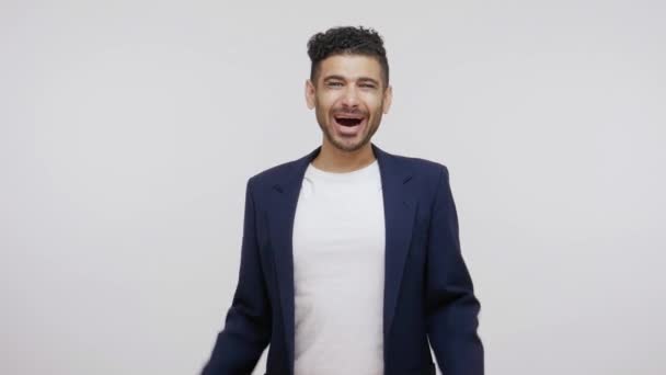 Extremely Happy Friendly Man Suit Waving Hand Looking Camera Smile — Stock Video