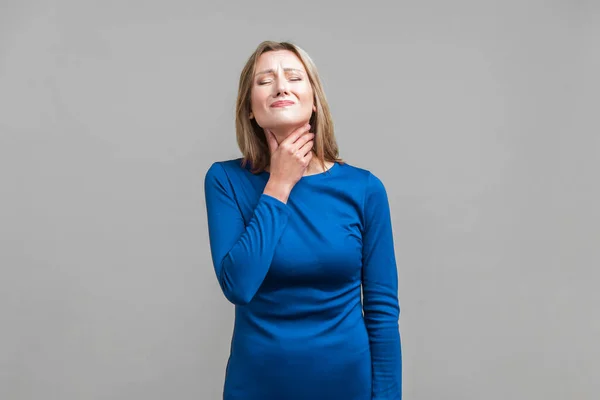 Throat Pain Portrait Unhappy Ill Woman Elegant Tight Blue Dress — Stock Photo, Image