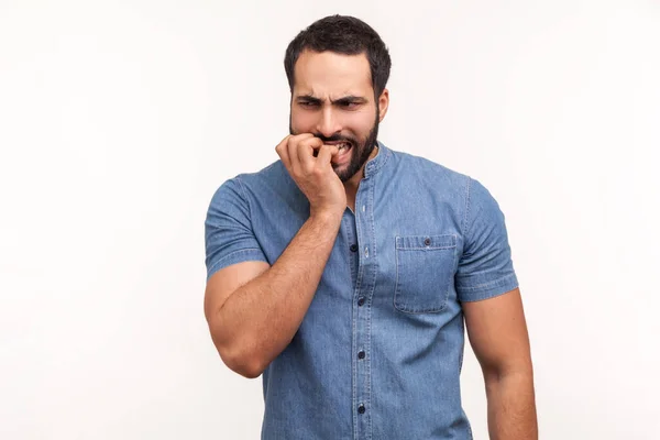 Anxious Nervous Man Beard Blue Shirt Biting Nails Fingers Looking — Stock Photo, Image