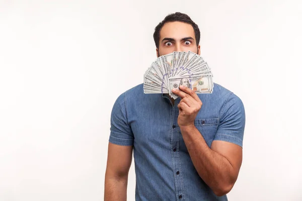 Hombre Mercantil Codicioso Escondiendo Cara Detrás Abanico Billetes Cien Dólares —  Fotos de Stock