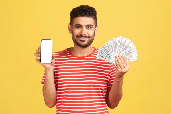 Smiling Positive Bearded Man Striped Shirt Showing Hundred Dollar Bills — Stock Photo, Image