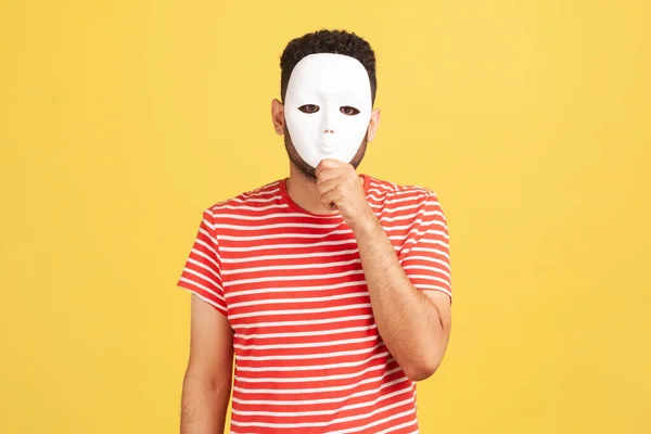 Unknown Anonymous Man Striped Red Shirt Covering His Face White — Stock Photo, Image