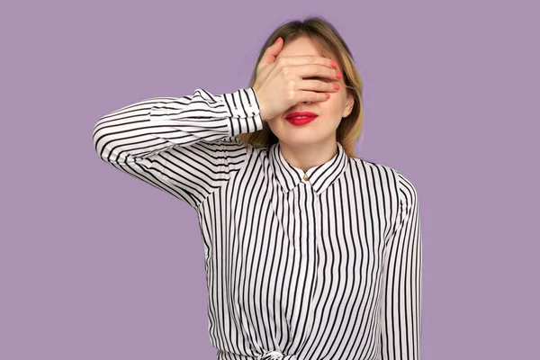 Don Want Look Portrait Shy Confused Woman Red Lips Striped — Stock Photo, Image