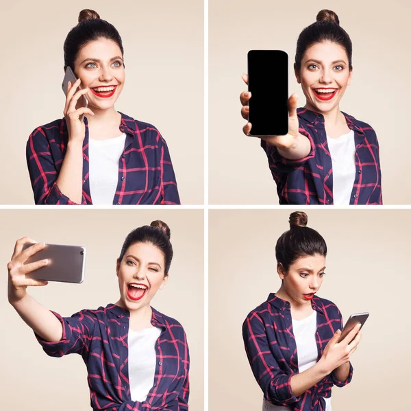 Collage Forskellige Udtryk Smuk Ung Kvinde Med Mobiltelefon Følelser Følelser - Stock-foto