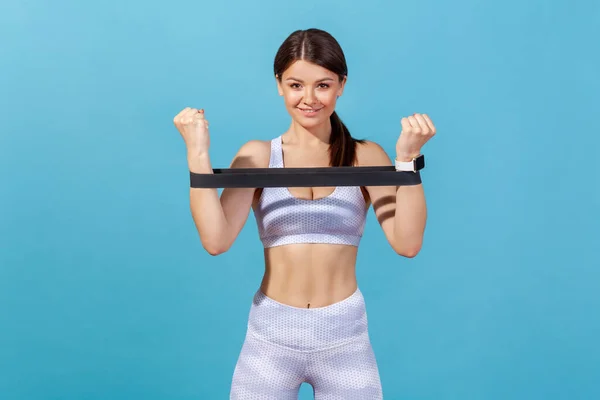 Smiling Strong Woman Slim Body White Sportswear Holding Showing Rubber — Stock Photo, Image