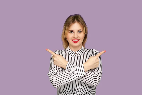Cheerful Pretty Woman Red Lips Striped Blouse Standing Crossed Hands — Stock Photo, Image