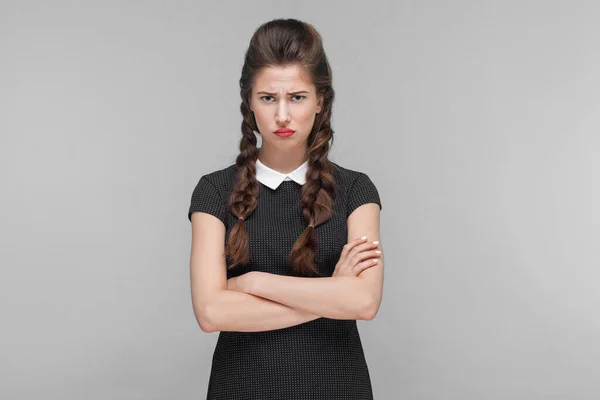 Unhappy Businesswoman Crossed Hands Sadness Indoor Studio Shot Isolated Gray — Stock Photo, Image