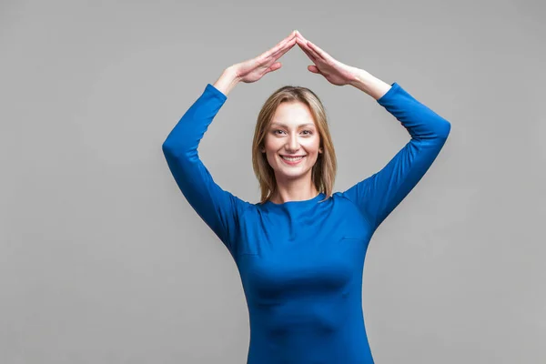 Secured Life Insurance Concept Portrait Cheerful Woman Elegant Tight Blue — Stock Photo, Image