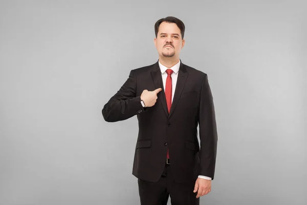 Man Classic Wear Pointing Himself Camera Did Proud Indoor Studio — Stock Photo, Image