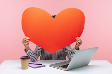 Büyük kırmızı kağıt kalbin arkasına saklanan bir kadın laptopta, online sohbette ve web sitesinde isimsiz flört servisi kullanıyor. Pembe arka planda kapalı stüdyo çekimleri