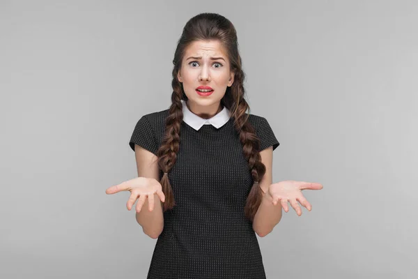 What Expression Young Budinesswoman Worry Confused Indoor Studio Shot Isolated — Stock Photo, Image