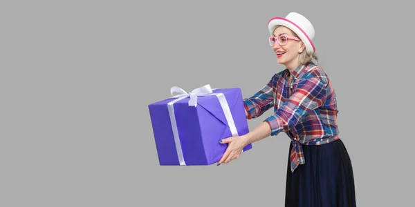 Side View Portrait Happy Beautiful Fancy Grandma White Hat Checkered — Stock Photo, Image