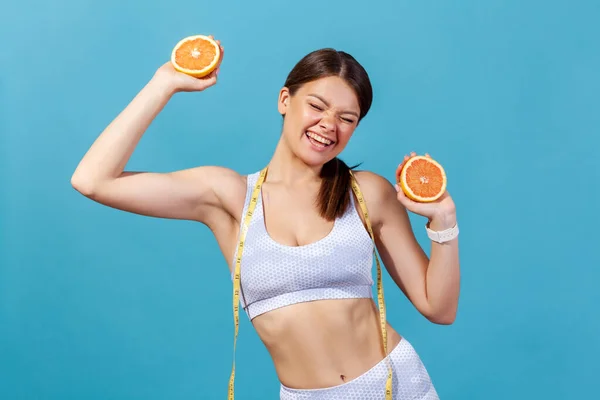 Smiling Positive Woman White Sportswear Dancing Halves Grapefruit Hands Wearing — Stock Photo, Image