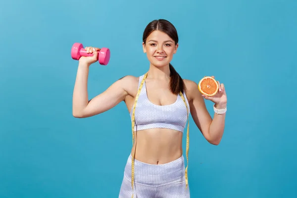 Slim Woman Tape Measure Shoulders Holding Dumbbell Half Grapefruit Going — Stock Photo, Image