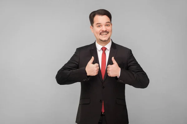 Thumbs Handsome Businessman Classic Black Suit Showing Sign Looking Camera — Stock Photo, Image