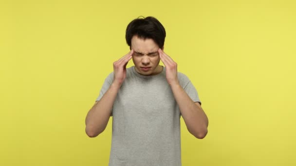 Unhappy Sick Young Man Gray Shirt Massaging Templates Feeling Unpleasant — Stock Video